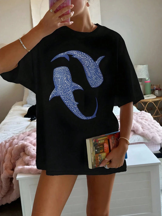Blue Whale Shark Simple Printing T-Shirts Women Summer Tops Comfortable O-Neck T Shirt Fashion Casual Women Clothes Popular